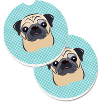 "Caroline's Treasures Checkerboard Blue Fawn Pug Set of 2 Cup Holder Car Coasters BB1200CARC, 2.56, Multicolor"