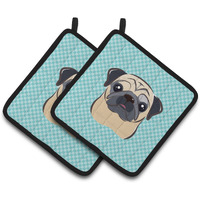 "Caroline's Treasures Checkerboard Blue Fawn Pug Pair of Pot Holders BB1200PTHD, 7.5HX7.5W, Multicolor"