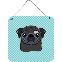 "Caroline's Treasures Checkerboard Blue Black Pug Wall or Door Hanging Prints, 6 x 6"""