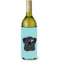 Checkerboard Blue Black Pug Wine Bottle Beverage Insulator Hugger BB1201LITERK