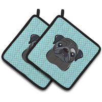 "Caroline's Treasures Checkerboard Blue black Pug Pair of Pot Holders BB1201PTHD, 7.5HX7.5W, Multicolor"