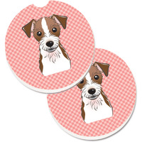 "Caroline's Treasures Checkerboard Pink Jack Russell Terrier Set of 2 Cup Holder Car Coasters BB1202CARC, 2.56, Multicolor"