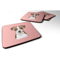 "Caroline's Treasures BB1202FC Checkerboard Pink Jack Russell Terrier Foam Coaster (Set of 4), 3.5"" H x 3.5"" W, Multicolor"