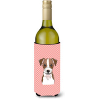 Checkerboard Pink Jack Russell Terrier Wine Bottle Beverage Insulator Hugger BB1202LITERK