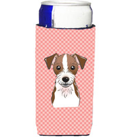 Checkerboard Pink Jack Russell Terrier Ultra Beverage Insulators for slim cans
