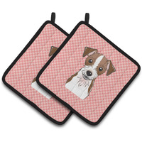 "Caroline's Treasures Checkerboard Pink Jack Russell Terrier Pair of Pot Holders BB1202PTHD, 7.5HX7.5W, Multicolor"