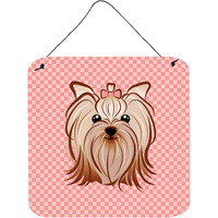 "Caroline's Treasures Checkerboard Pink Yorkie Yorkshire Terrier Wall or Door Hanging Prints, 6 x 6"""