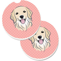 "Caroline's Treasures Checkerboard Pink Golden Retriever Set of 2 Cup Holder Car Coasters BB1205CARC, 2.56, Multicolor"