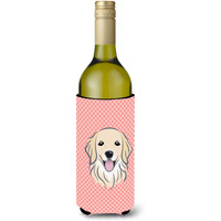 Checkerboard Pink Golden Retriever Wine Bottle Beverage Insulator Hugger BB1205LITERK