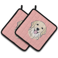 "Caroline's Treasures Checkerboard Pink Golden Retriever Pair of Pot Holders BB1205PTHD, 7.5HX7.5W, Multicolor"