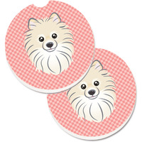 "Caroline's Treasures Checkerboard Pink Pomeranian Set of 2 Cup Holder Car Coasters BB1207CARC, 2.56, Multicolor"