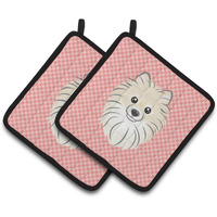 "Caroline's Treasures Checkerboard Pink Pomeranian Pair of Pot Holders BB1207PTHD, 7.5HX7.5W, Multicolor"