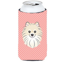 Checkerboard Pink Pomeranian Tall Boy Beverage Insulator Hugger BB1207TBC