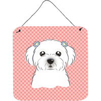 "Caroline's Treasures Checkerboard Pink Maltese Wall or Door Hanging Prints, 6 x 6"""