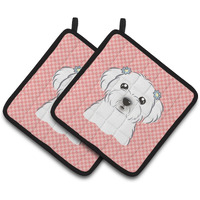 "Caroline's Treasures Checkerboard Pink Maltese Pair of Pot Holders BB1208PTHD, 7.5HX7.5W, Multicolor"