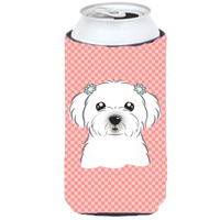 Checkerboard Pink Maltese Tall Boy Beverage Insulator Hugger BB1208TBC