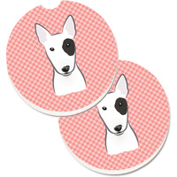 "Caroline's Treasures Checkerboard Pink Bull Terrier Set of 2 Cup Holder Car Coasters BB1209CARC, 2.56, Multicolor"