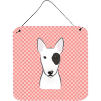 "Caroline's Treasures Checkerboard Pink Bull Terrier Wall or Door Hanging Prints, 6 x 6"""