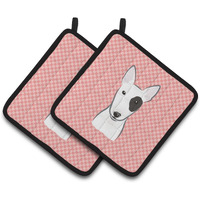 "Caroline's Treasures Checkerboard Pink Bull Terrier Pair of Pot Holders BB1209PTHD, 7.5HX7.5W, Multicolor"