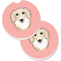 "Caroline's Treasures Checkerboard Pink Longhair Creme Dachshund Set of 2 Cup Holder Car Coasters BB1212CARC, 2.56, Multicolor"