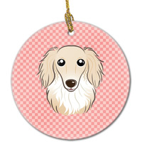 Checkerboard Pink Longhair Creme Dachshund Ceramic Ornament BB1212CO1