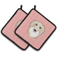 "Caroline's Treasures Checkerboard Pink Longhair Creme Dachshund Pair of Pot Holders BB1212PTHD, 7.5HX7.5W, Multicolor"