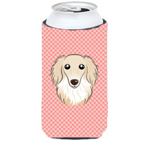 Checkerboard Pink Longhair Creme Dachshund Tall Boy Beverage Insulator Hugger BB1212TBC