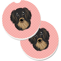 "Caroline's Treasures Checkerboard Pink Longhair black & Tan Dachshund Set of 2 Cup Holder Car Coasters BB1213CARC, 2.56, Multicolor"