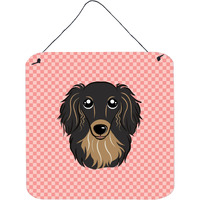 "Caroline's Treasures Checkerboard Pink Longhair Black and Tan Dachshund Wall or Door Hanging Prints, 6 x 6"""