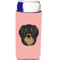 Checkerboard Pink Longhair  Dachshund Ultra Beverage Insulators for slim cans