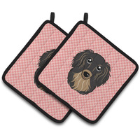 "Caroline's Treasures Checkerboard Pink Longhair black & Tan Dachshund Pair of Pot Holders BB1213PTHD, 7.5HX7.5W, Multicolor"