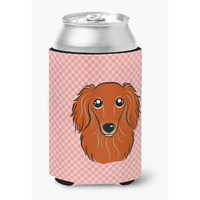 Checkerboard Pink Longhair Red Dachshund Can or Bottle Hugger BB1214CC