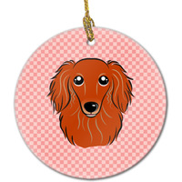 Checkerboard Pink Longhair Red Dachshund Ceramic Ornament BB1214CO1