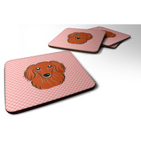 "Caroline's Treasures BB1214FC Checkerboard Pink Longhair Red Dachshund Foam Coaster (Set of 4), 3.5"" H x 3.5"" W, Multicolor"