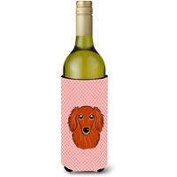 Checkerboard Pink Longhair Red Dachshund Wine Bottle Beverage Insulator Hugger BB1214LITERK