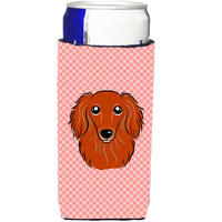 Checkerboard Pink Longhair Red Dachshund Ultra Beverage Insulators for slim cans