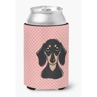 Checkerboard Pink Smooth Black and Tan Dachshund Can or Bottle Hugger BB1215CC
