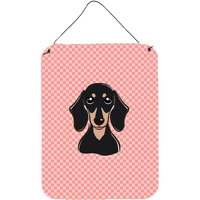 "Caroline's Treasures Checkerboard Pink Smooth Black and Tan Dachshund Wall or Door Hanging Prints, 16"" x 12"""