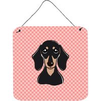 "Caroline's Treasures Checkerboard Pink Smooth Black and Tan Dachshund Wall or Door Hanging Prints, 6 x 6"""
