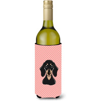 Checkerboard Pink Smooth Black and Tan Dachshund Wine Bottle Beverage Insulator Hugger