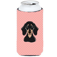 Checkerboard Pink Smooth Black and Tan Dachshund Tall Boy Beverage Insulator Hugger