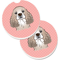 "Caroline's Treasures Checkerboard Pink Cocker Spaniel Set of 2 Cup Holder Car Coasters BB1216CARC, 2.56, Multicolor"