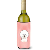 Checkerboard Pink Bichon Frise Wine Bottle Beverage Insulator Hugger BB1217LITERK