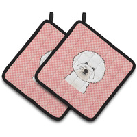 "Caroline's Treasures Checkerboard Pink Bichon Frise Pair of Pot Holders BB1217PTHD, 7.5HX7.5W, Multicolor"