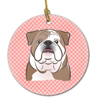 Checkerboard Pink English Bulldog Ceramic Ornament BB1219CO1