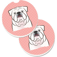 "Caroline's Treasures Checkerboard Pink White English Bulldog Set of 2 Cup Holder Car Coasters BB1220CARC, 2.56, Multicolor"