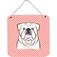 "Caroline's Treasures Checkerboard Pink White English Bulldog Wall or Door Hanging Prints, 6 x 6"""