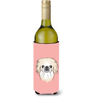 Checkerboard Pink Pekingese Wine Bottle Beverage Insulator Hugger BB1221LITERK