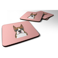 "Caroline's Treasures BB1223FC Checkerboard Pink Boxer Foam Coaster (Set of 4), 3.5"" H x 3.5"" W, Multicolor"