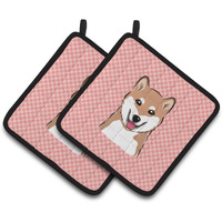 "Caroline's Treasures Checkerboard Pink Shiba Inu Pair of Pot Holders BB1225PTHD, 7.5HX7.5W, Multicolor"